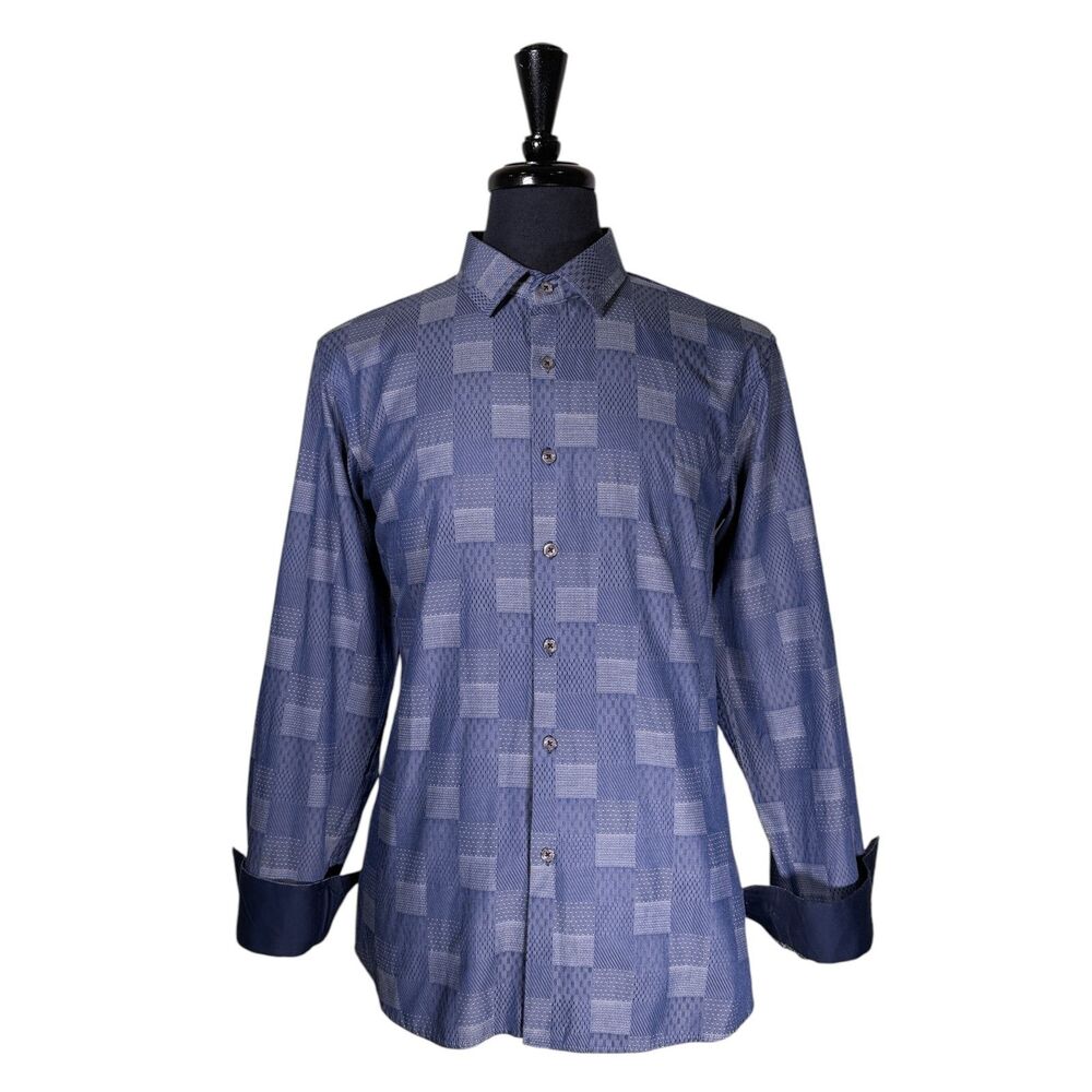 Barabas Signature Mens XL Blue Geometric Shirt Flip Cuff 100% Cotton Button Up